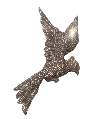 925 Sterling Silver Marcasite Vintage Flying Bird Brooch Red Eye Rare 6.74 Grams