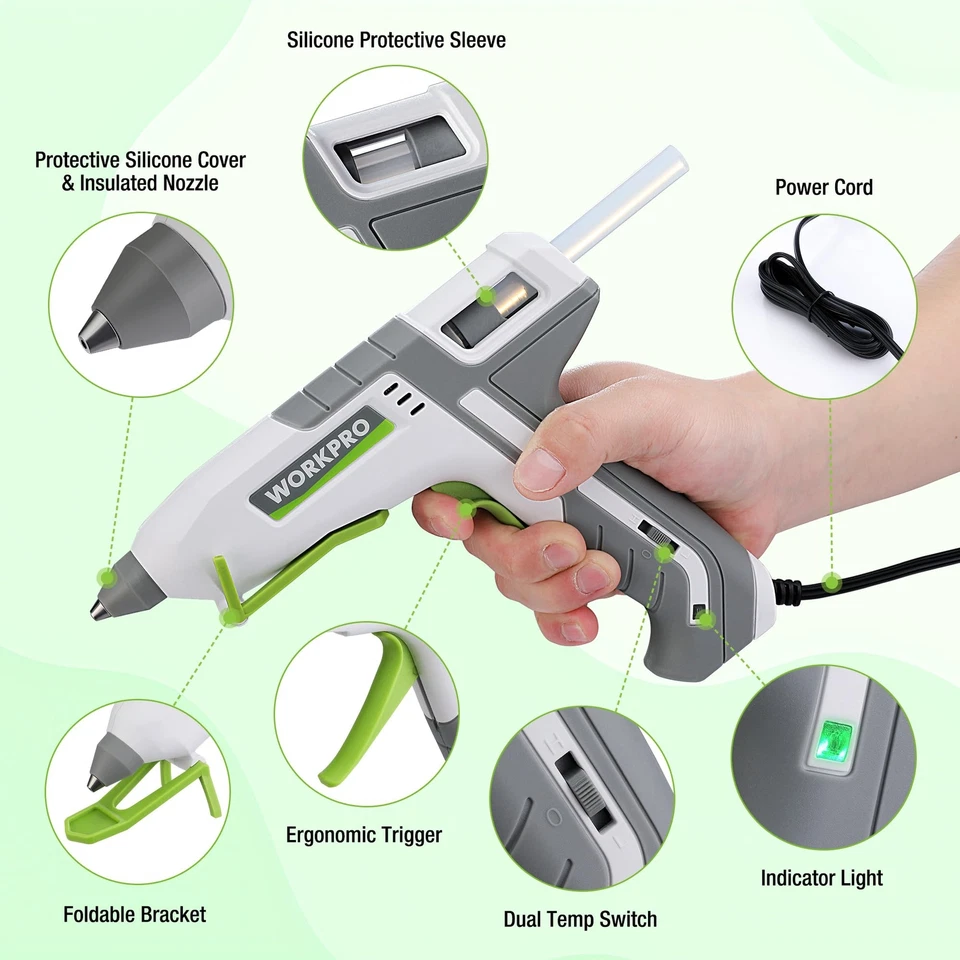 WORKPRO 60/100W 双温度热胶枪全尺寸胶枪 10 件 7/16 胶棒 — 第 2/4 张图片