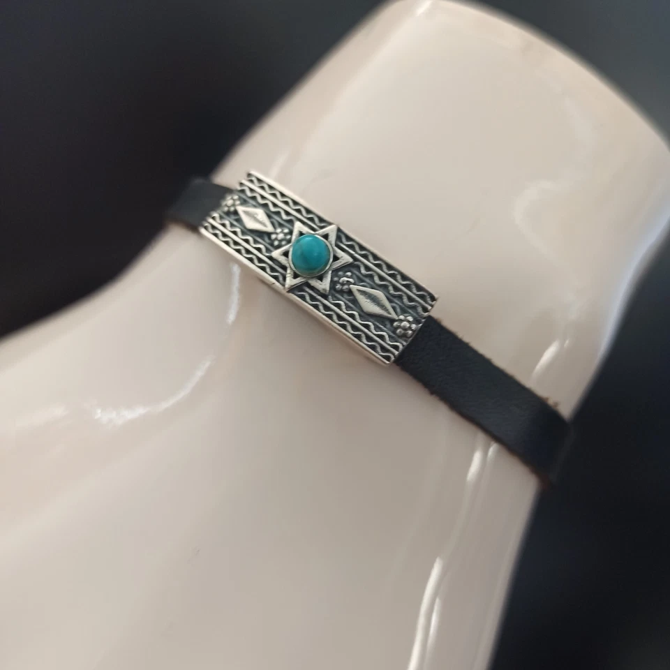 Pulseira masculina Star of David prata esterlina 925 couro étnico turquesa judaico - Imagem 4 de 4