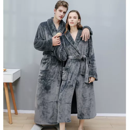 Flannel BathRobe Long Soft Spa Male Bath Robe Shawl Collar Sleepwear Women & Men - Picture 13 of 30