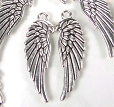 8 Angel Wing Charms Antique Silver Pewter Two Side Feather Pendant 33x10mm
