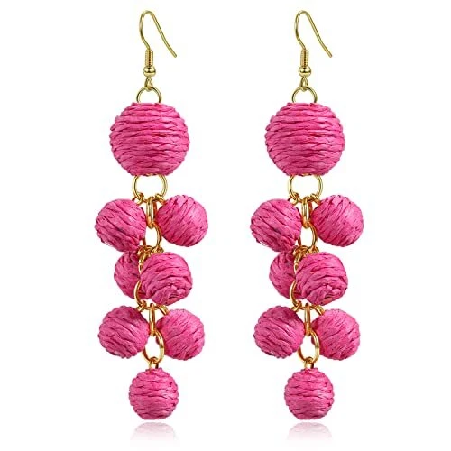 Rainbow Colorful Raffia Earrings Boho Rattan Raffia Statement Drop