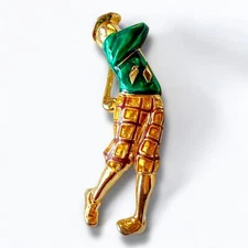 Golfer Brooch Vintage Gold Tone Enamel Sports Golf Lover Gift Swing Pin 1950s