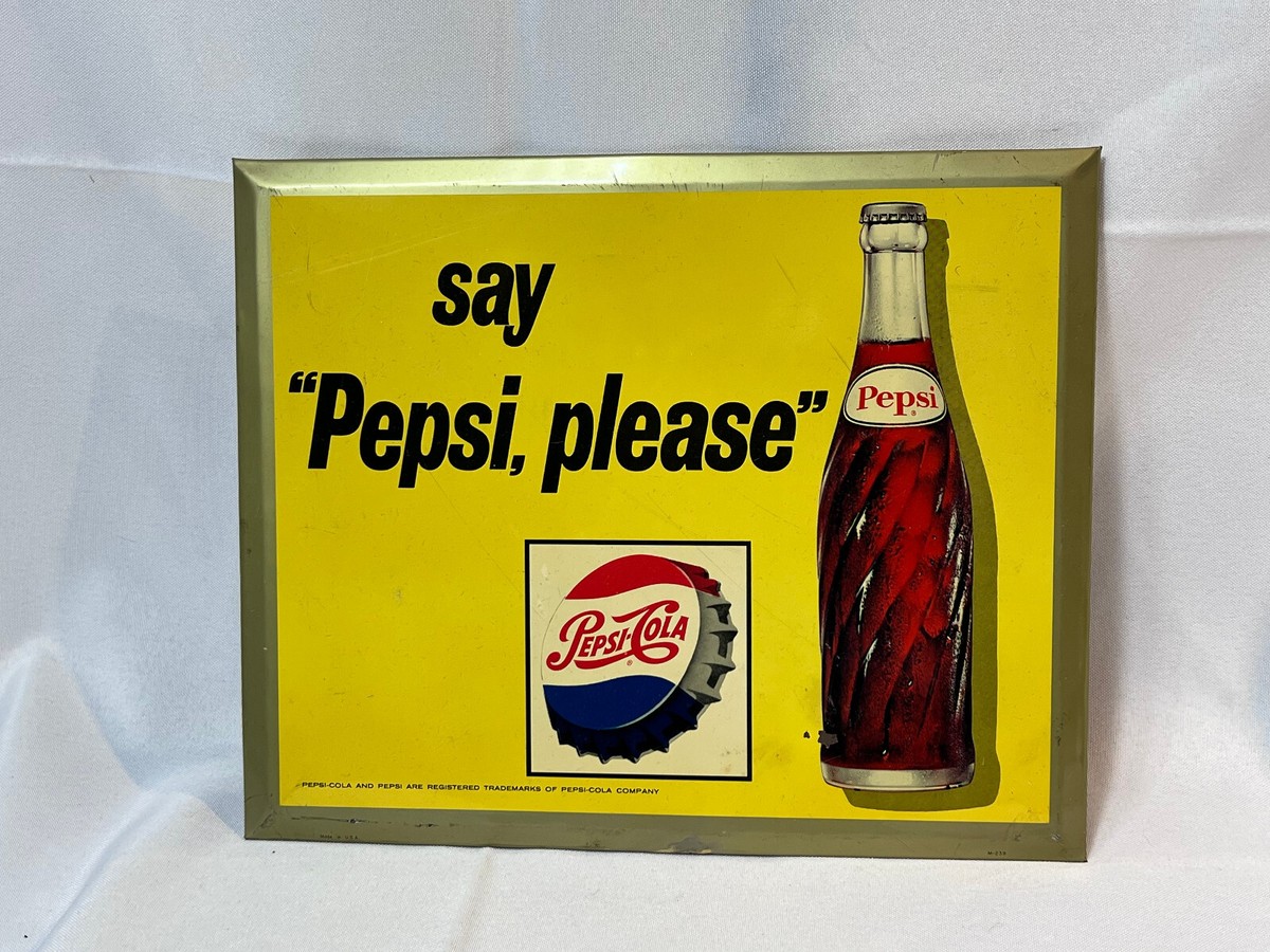 PEPSI ヴィンテージ　看板 1960's Pepsi-Cola Say Pepsi , Please Yellow Metal Soda Ad Sign