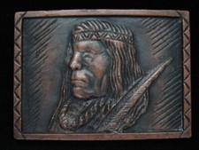 OG09155 VINTAGE 1970s  INDIAN AMERICAN WARRIOR  ARTWORK BRASSTONE BELT BUCKLE