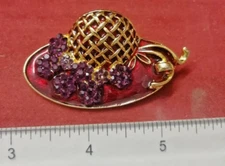 Red Hat Lady Society  Brooch Gold -Plated RED Rhinestone Crystals PURPLE Flowers