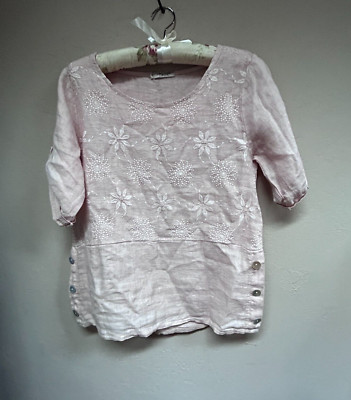 Lungo L'arno Womens Embroidered Top Cuffed Sleeve Side-Button Small Pink Linen