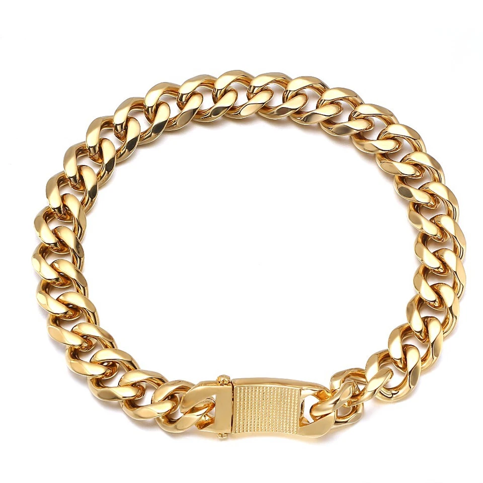 Collar de cadena para perro de eslabones cubanos de acero inoxidable tono dorado pesado de 15/19 mm 10-26" Foto 3 de 4