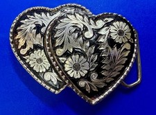 Dual Two Hearts Vintage Cutout Shaped Black and Silver Color Floral Belt Buckle