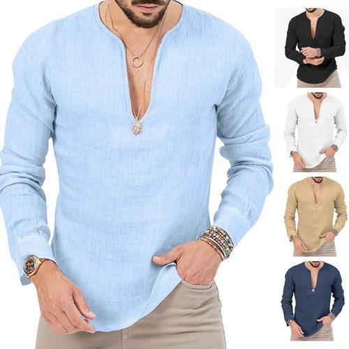 Mens Casual Long Sleeve Cotton Linen V Neck Shirt Solid Color Vintage ...