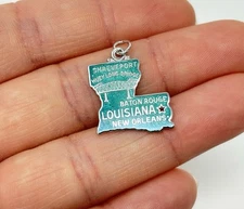 Louisiana State Map Vintage Sterling Silver Enamel Travel Charm Pendant 