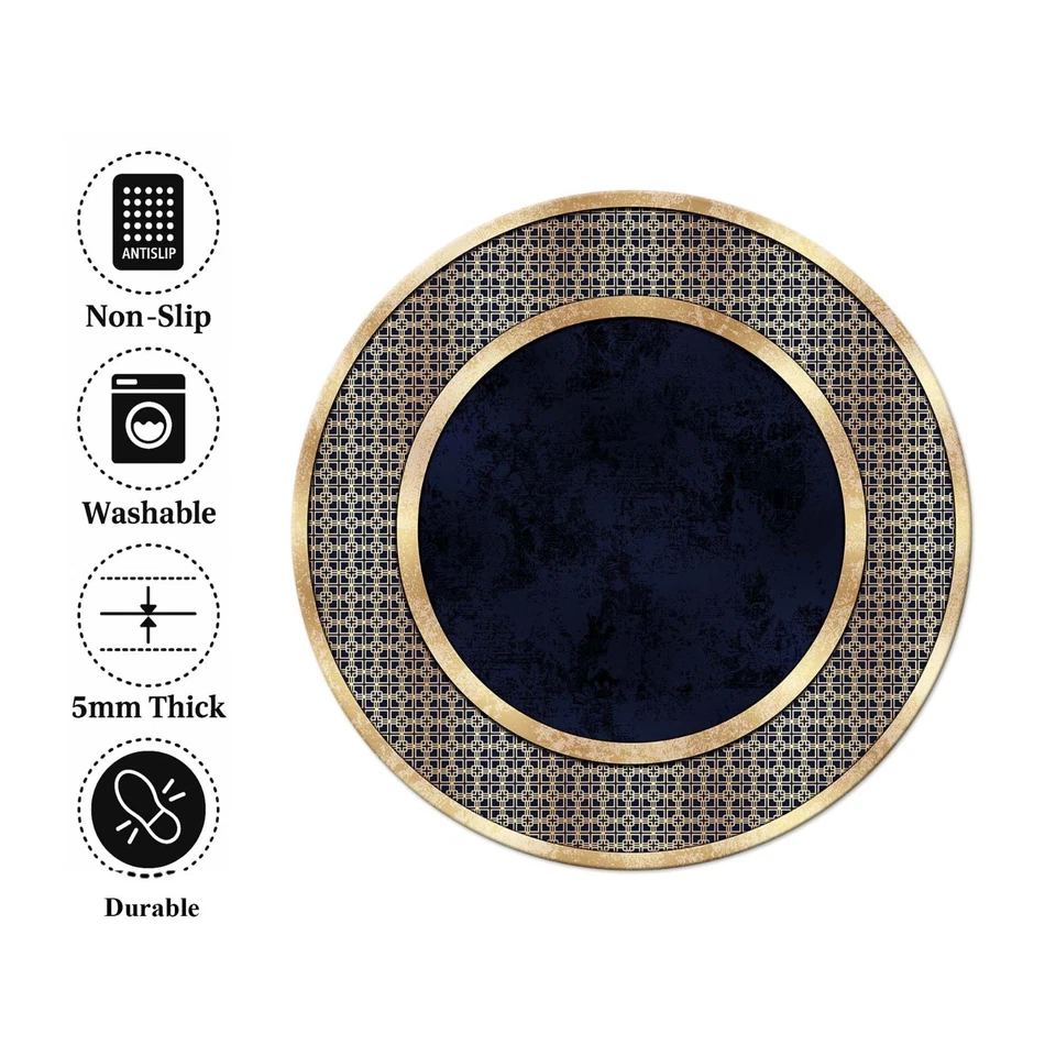 Modern Round Rug, Living Room Carpet, Navy Gold Circle Rug, Contemporary Rug - Image 4 of 4