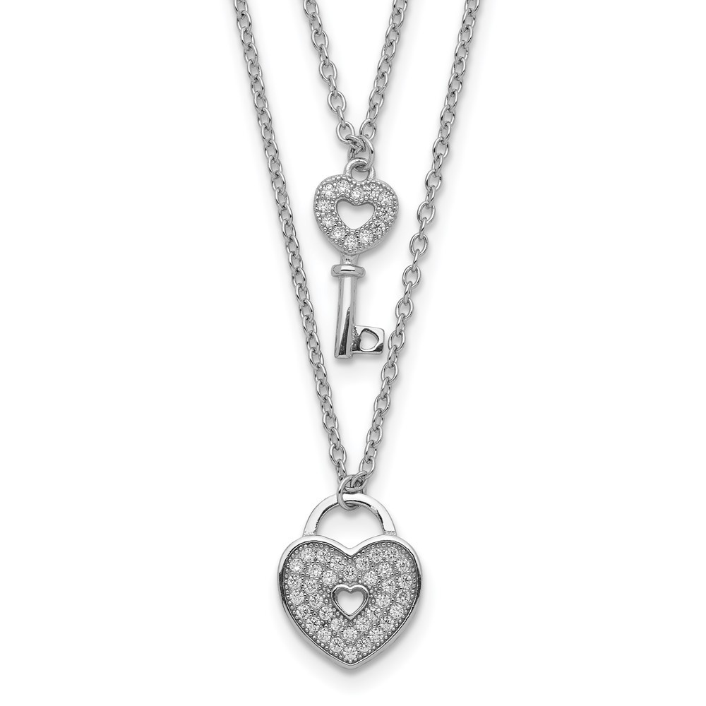 Sterling Silver Cubic Zirconia Heart Lock/Key Pendant Necklace 18