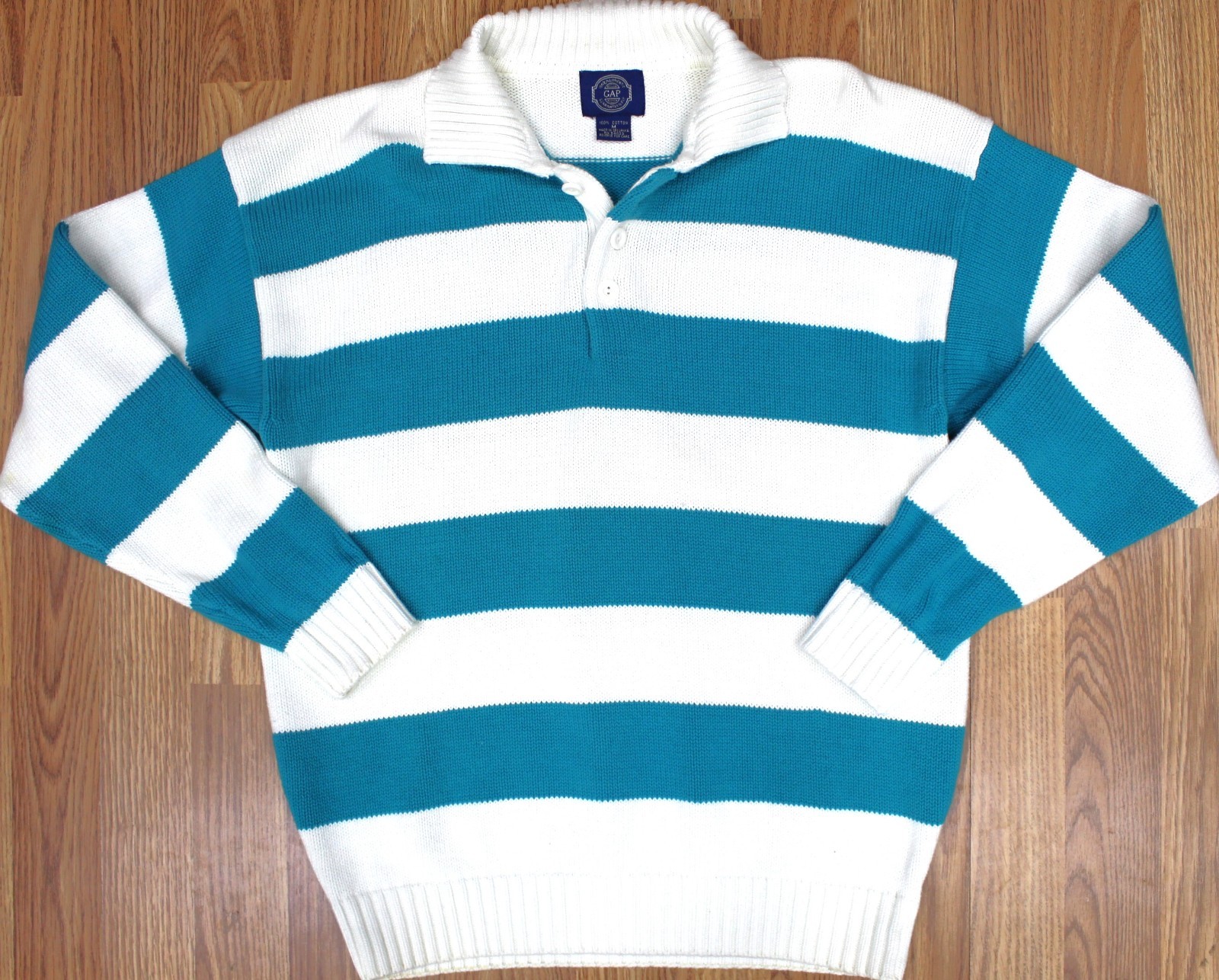 VTG GAP STRIPED POLO SWEATER 100% COTTON WHITE& TURQUOISE MEDIUM, M