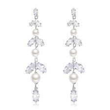 Silver Plated Pearl Long Drop Dangle Earrings for Women, Elegant Simulated Cubic