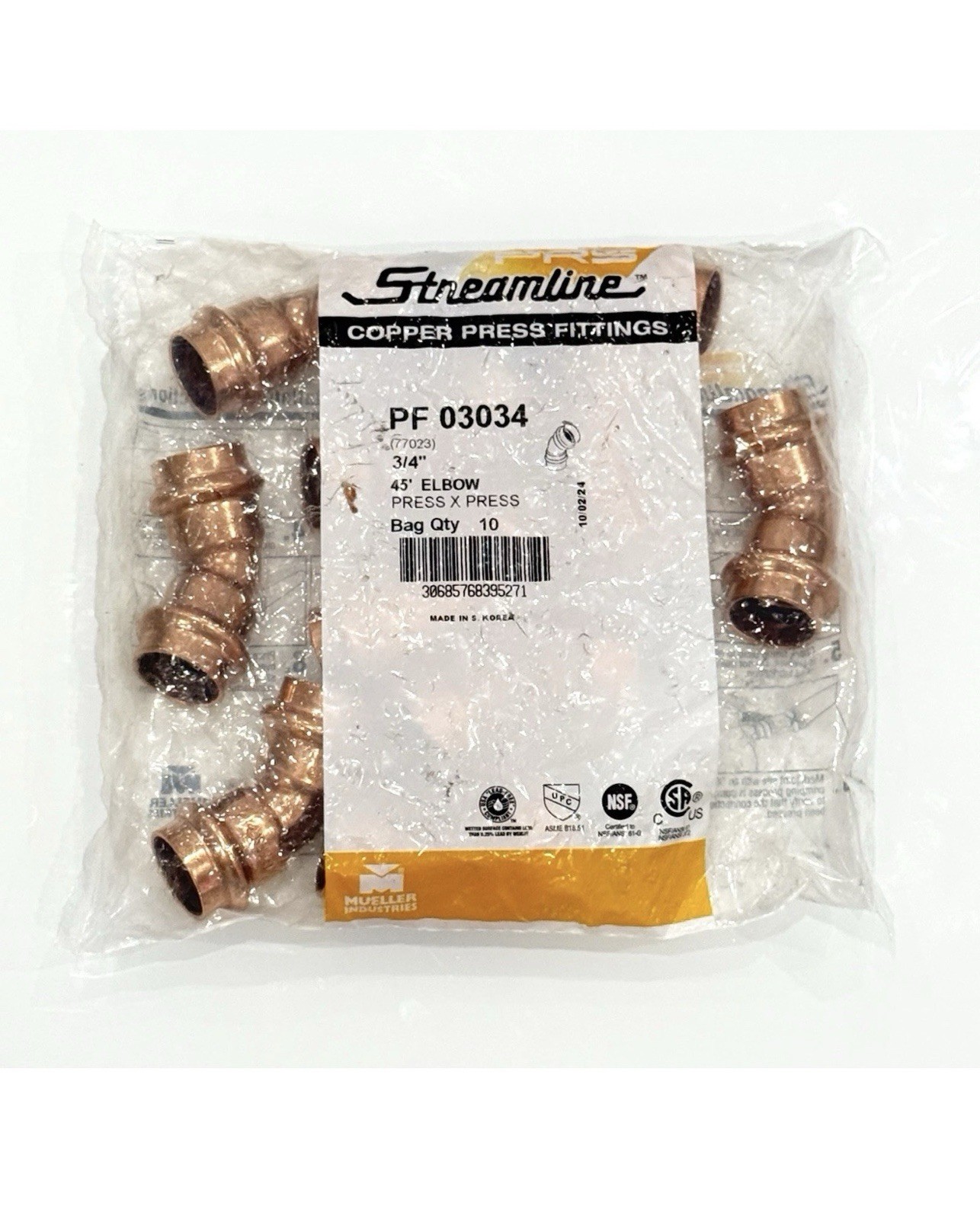 BAG OF 10 STREAMLINE PF 03034 COPPER PRESS FITTING 3/4" 45° ELBOW PRESS X PRESS