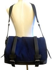 LACOSTE Messenger Classic Crossbody Flap Bag Navy Blue Cotton Leather Laptop