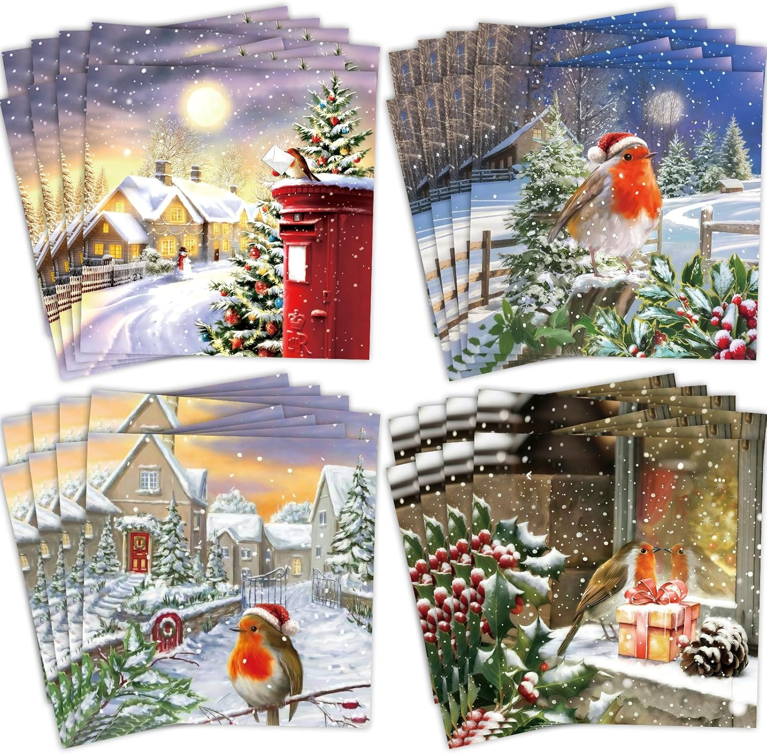 Christmas Cards Pack of 32, Each Christmas Card Multipack Has 4 Different Robin