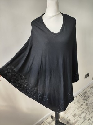 Voyelles Womens Cape Poncho One Size Black Casual Embellished Beaded Shiny