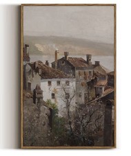 16x24 Vintage Framed Canvas Wall Art European Town Landscape Antique Rustic