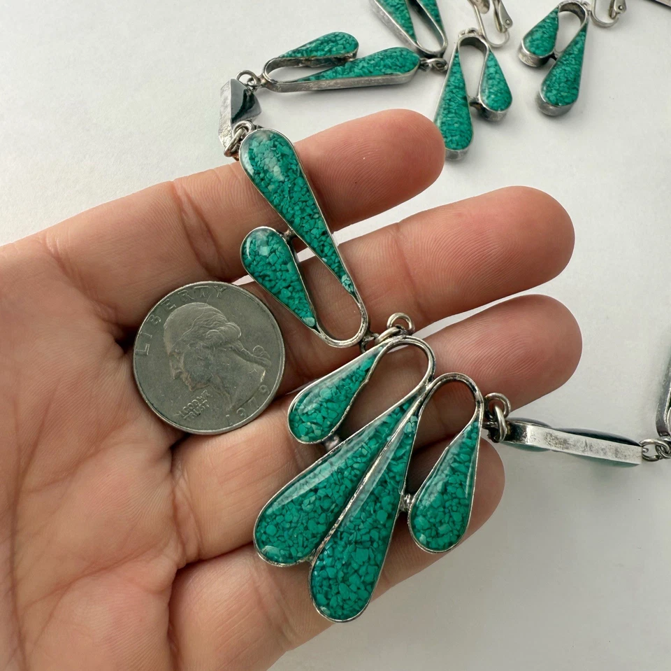 Mexican Alpaca Silver Turquoise Black Enamel Reversible Necklace Earrings Set - Image 4 of 4