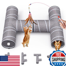 PETOCAT 4-Way Cat Tunnel w/ Teaser Wand  2 Plush Balls - 5 Shapes, 54in