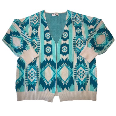 Crazy Train Women s Gray Aqua Aztec Southwestern Cardigan Sweater Size Small