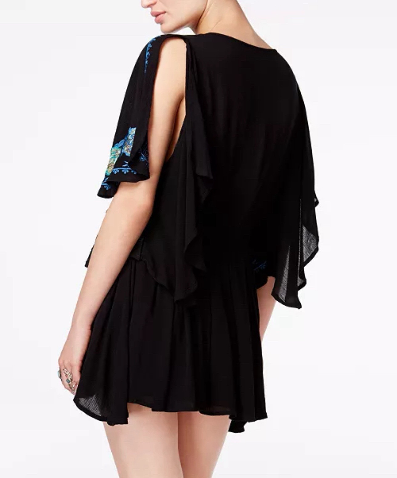 Free People Cora Mini Dress Womens XS Black Embroidered Floral Belted Boho — image 3