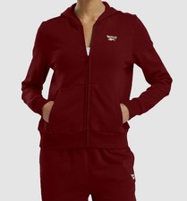 Reebok Women's Red Fleece Ribbed Logo Full-Zip Hoodie Sweater Size S