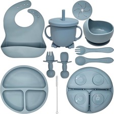 10-Piece Silicone Baby Feeding Set Bib Cup Plate Bowl Spoon Sky
