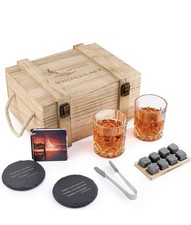 Whiskey Glasses Gift Set Stones Rocks Tongs Wooden Box Bourbon Scotch Alcohol