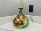 Vintage MCM Blenko 828M Balloon Vase Antique Green W/ribbons Blown Glass