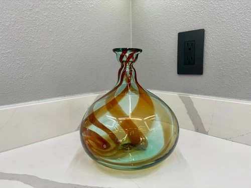 Vintage MCM Blenko 828M Balloon Vase Antique Green W/ribbons Blown Glass