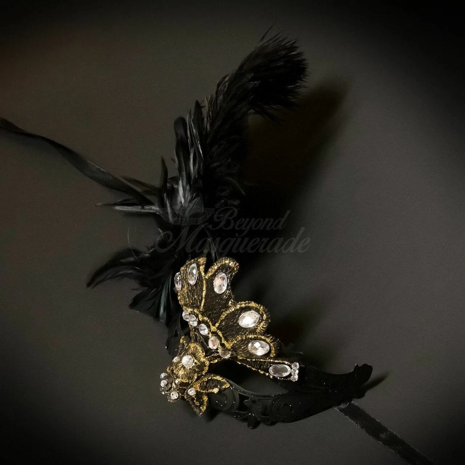 Masquerade Mask | Masquerade Mask with Feathers (black gold) - Image 2 of 4