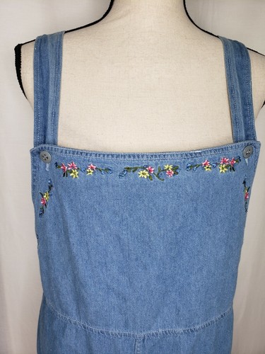 Vintage Capacity Bib Dress Medium Pockets Embroidery Blue Denim Side Split - Picture 3 of 6