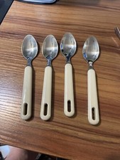 Vintage Gibson 4 Plastic Handle Stainless Flatware Spoons White Made In USA