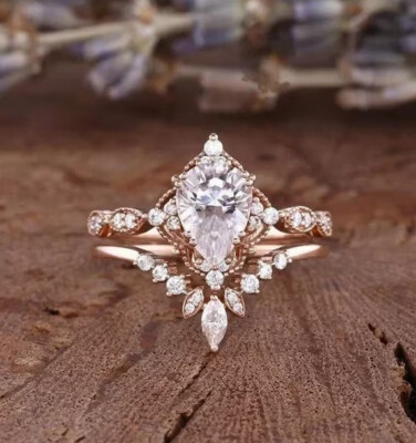 Fancy 3Ct Pear Cut Created Diamonds Bridal Ring Set Women's 14K Rose Gold Finish