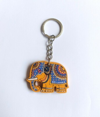 Sri Lankan New Elephant Carving Wooden Hand Painted Keychain