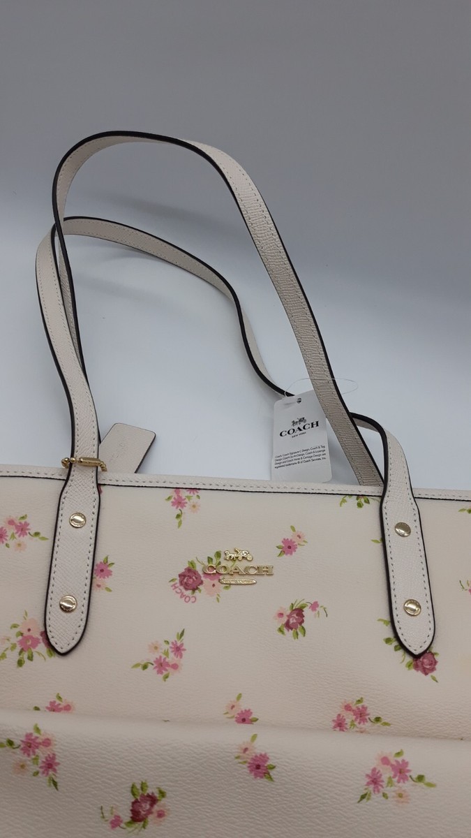 Coach Chalk White Pink Flower Zip Leather Tote Shoulder Bag