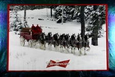 Budweiser Clydesdale Horses Dog Red Wagon Winter Picture Poster 24X36  NEW  BUDW