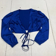 Shein Blue Open Front Tie Long Sleeve Blouse Women's Size Petite Medium NEW