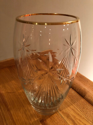 Crystal Clear Industries Atrium 10'' Cut Glass Vase w/ Heavy Gold Rim ~ Pre-Owned