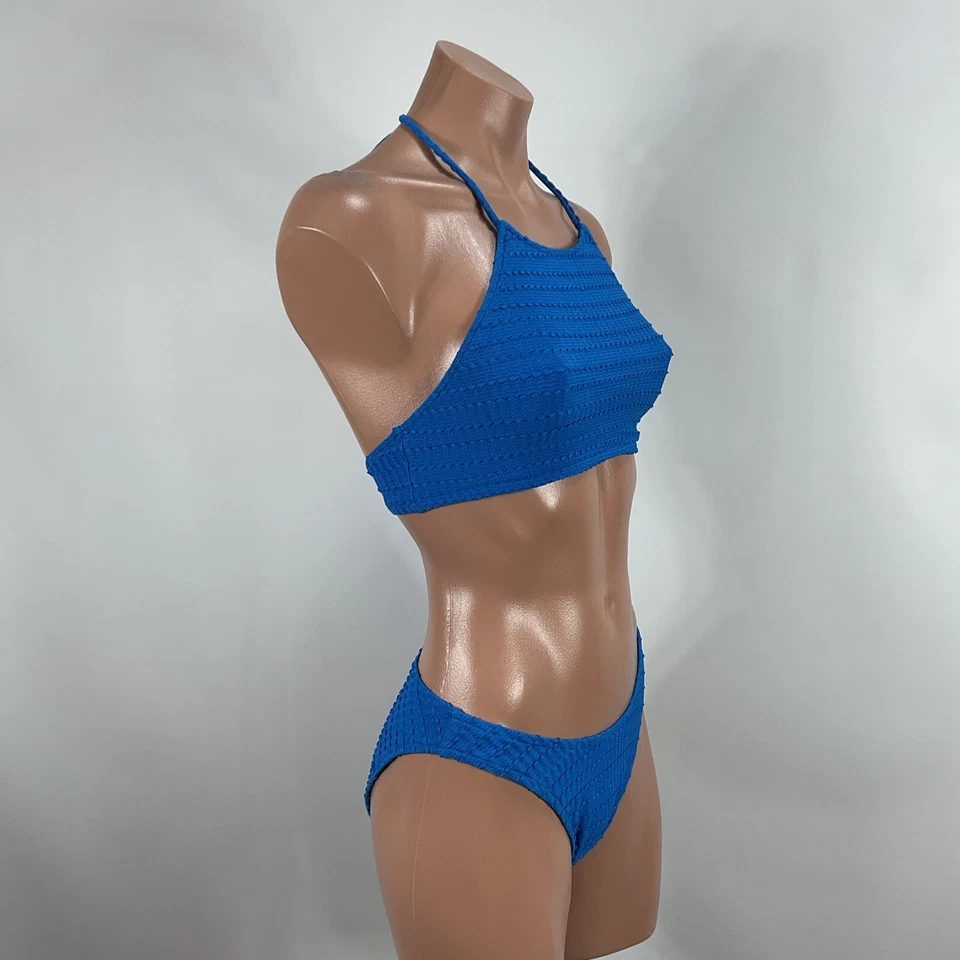 Vtg High Cut High Waist Bikini Swimsuit 90’s y2k Ribbed Crochet Blue Halter 2pc - Image 3 of 4