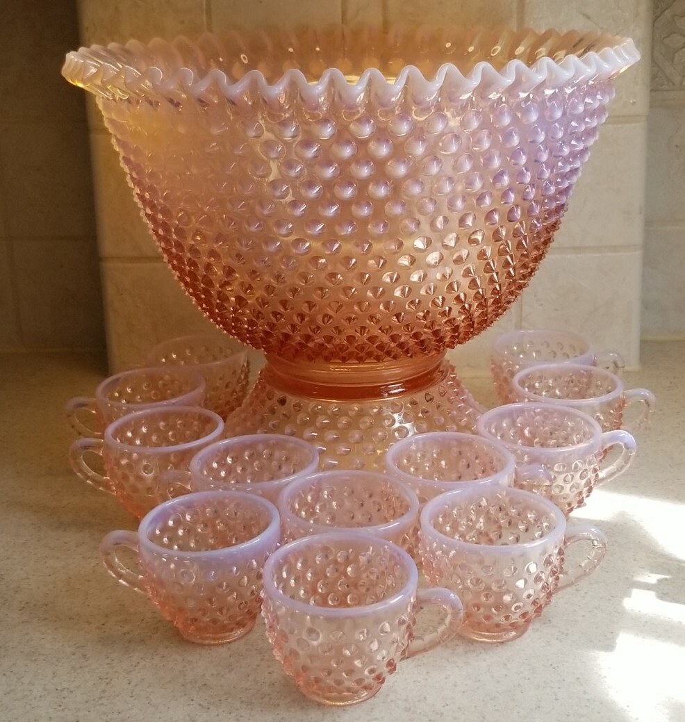 HTF Fenton Art Glass Peach Opalescent Hobnail Punch Bowl Set w