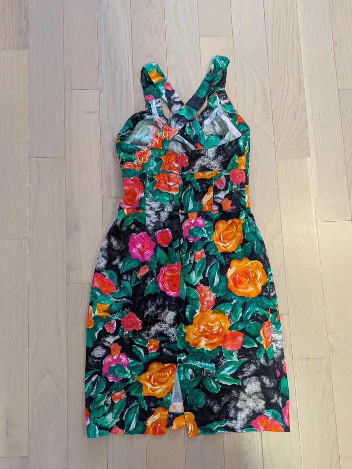 Vintage 80s Dior Floral Dress Sz42 L/XL Midi Colorful Paris Sleeveless Authentic - Image 3 of 4
