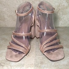 Strappy Nude Rhinestone Sandals With Block Heels Prom Wedding Party