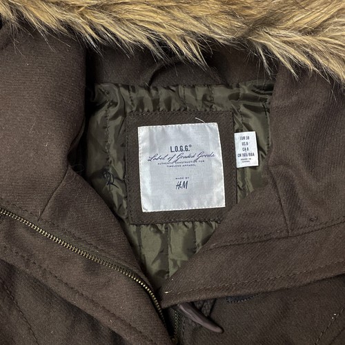 Logg Y2K Fur Lined Jacket Pea Coat Flare Fuzzy Hood Green Brown Bella 2000s M - Picture 11 of 15
