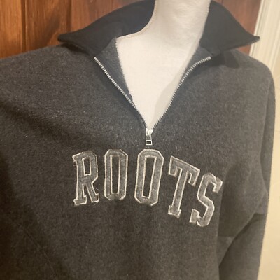 Roots Canada Athletics Sweatshirt Mens Large 1/4 Zip Polo Collar Gray Casual EUC