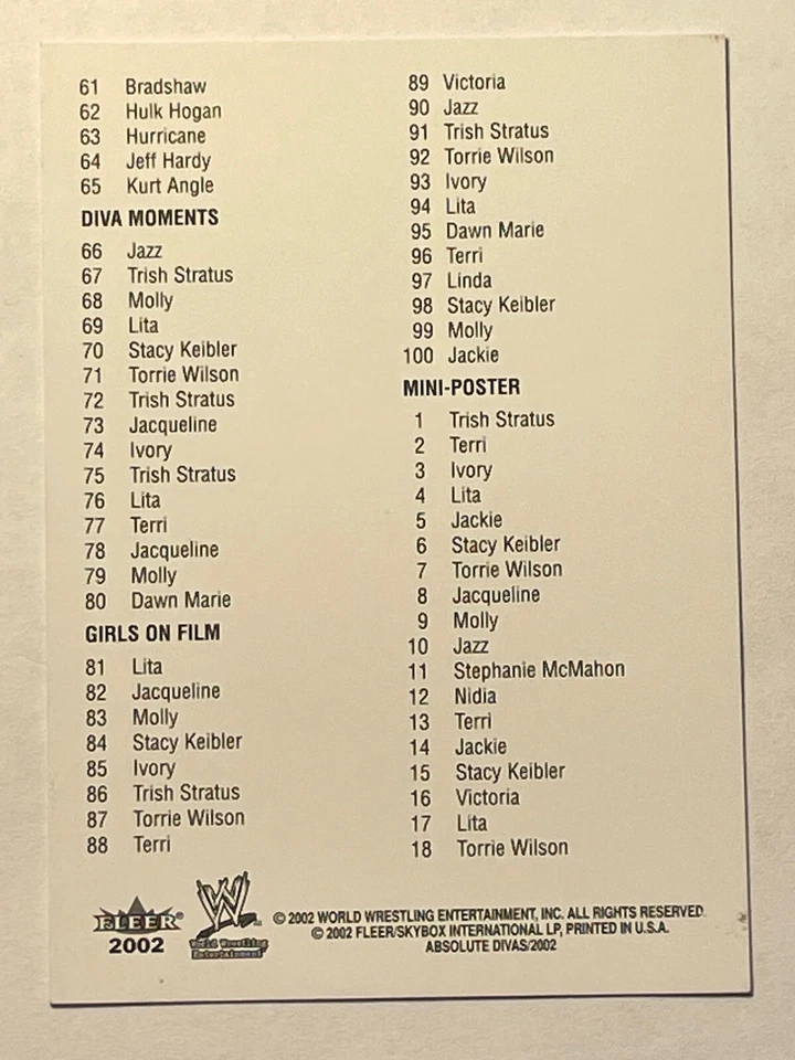 2002 Fleer Absolute Divas WWE Singles U You Pick Ivory Dawn Marie Terri Molly ++ - Image 2 of 2