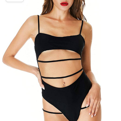 NWT Dohaooe Women's Size Medium Peek A Boo Cut Out One Piece Swimsuit Black - Picture 8 of 17